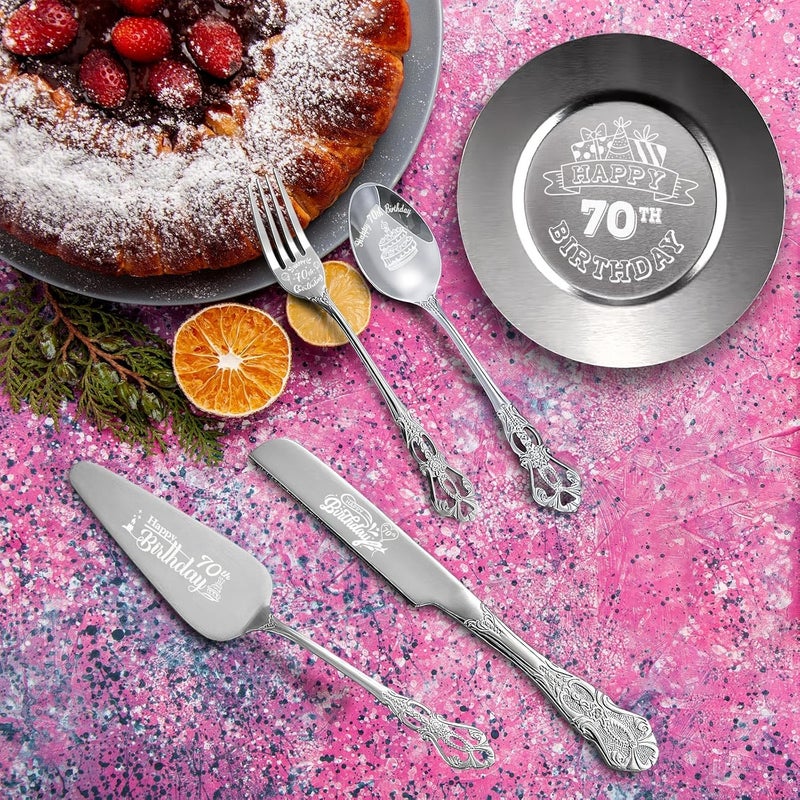 V-Walk Happy 70th Birthday Personalized Laser Engraved Stainless Steel Cake Tableware Set:Cake Server,Plate,Knife,Spoon, Fork - Memorable 70 Year Old Gift Keepsake - Image 4