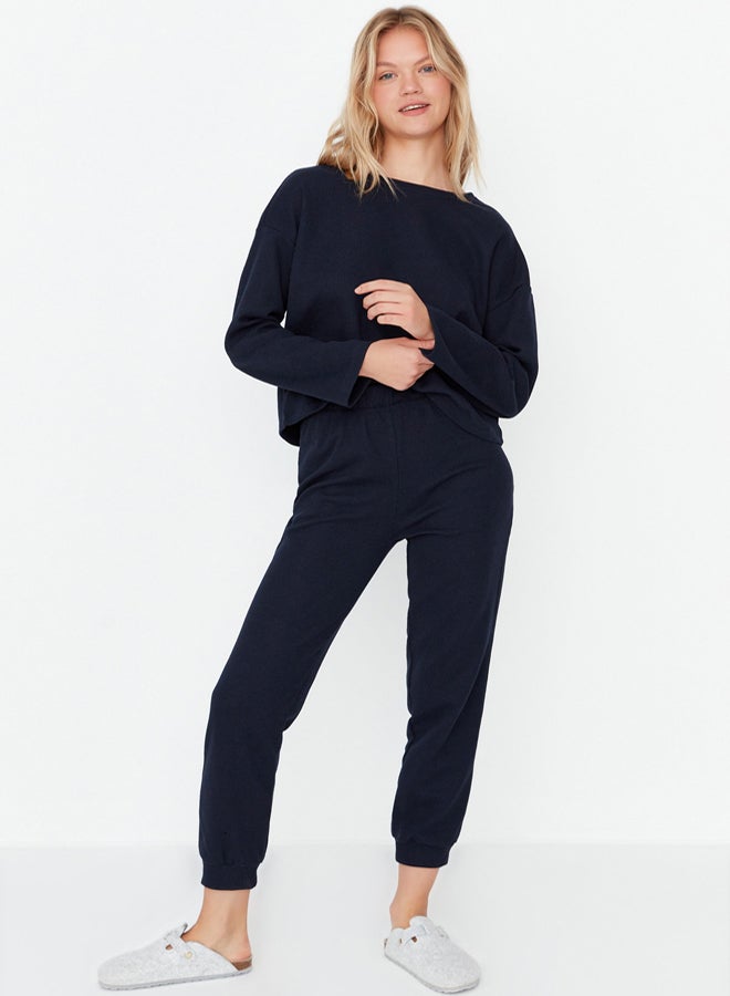 trendyol Navy Blue Waffle Fabric Knitted Pajama Set - Image 3