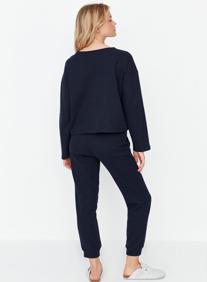 trendyol Navy Blue Waffle Fabric Knitted Pajama Set - Image 5