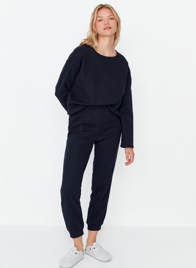 trendyol Navy Blue Waffle Fabric Knitted Pajama Set - Image 2