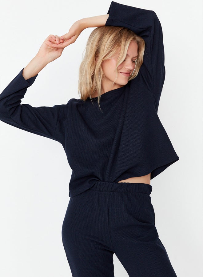 trendyol Navy Blue Waffle Fabric Knitted Pajama Set - Image 4