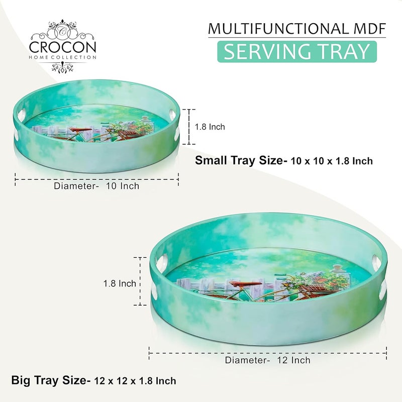 Crocon Round Wooden Ottoman Trays with Handles  Set of 2 Cycle Printed Farmhouse Decorative Serving Trays for Coffee Table Living Room Kitchen Counter Breakfast and Home Dcor - Image 4
