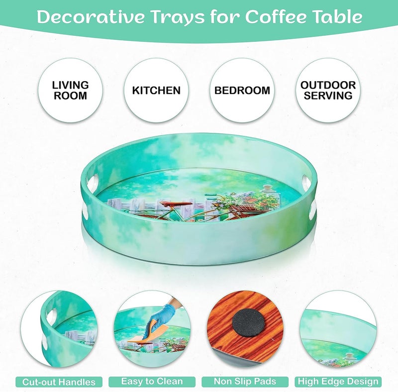 Crocon Round Wooden Ottoman Trays with Handles  Set of 2 Cycle Printed Farmhouse Decorative Serving Trays for Coffee Table Living Room Kitchen Counter Breakfast and Home Dcor - Image 3