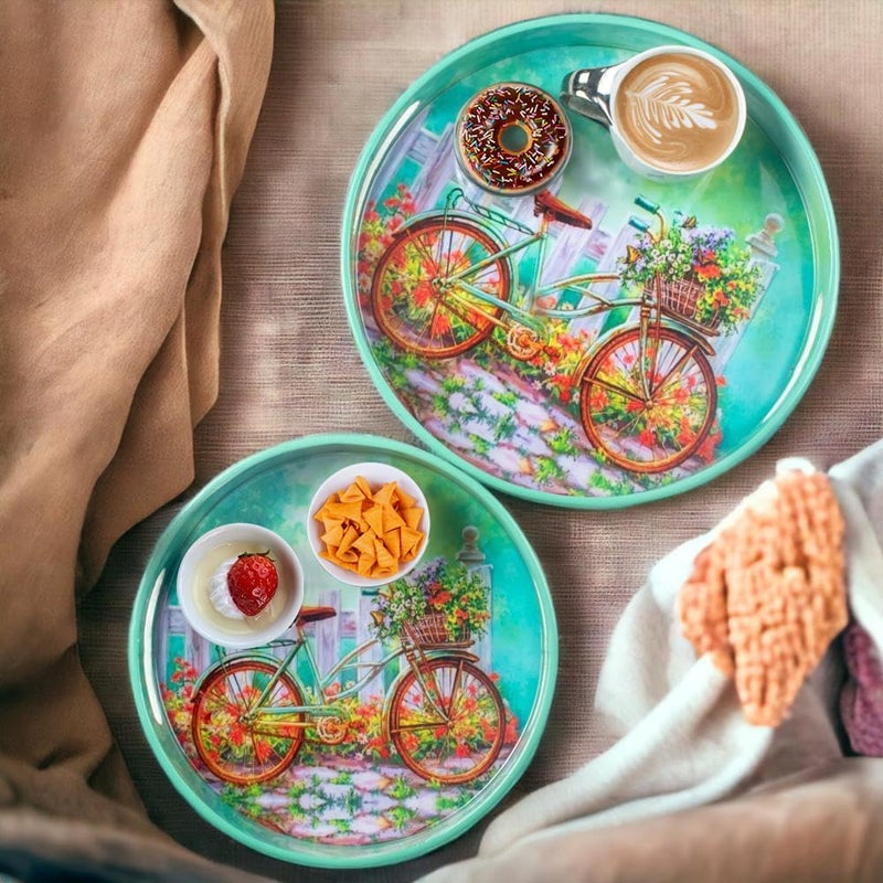 Crocon Round Wooden Ottoman Trays with Handles  Set of 2 Cycle Printed Farmhouse Decorative Serving Trays for Coffee Table Living Room Kitchen Counter Breakfast and Home Dcor - Image 2