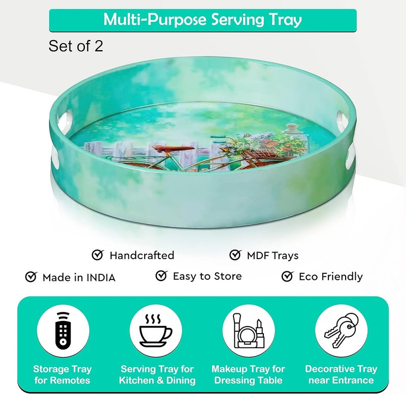 Crocon Round Wooden Ottoman Trays with Handles  Set of 2 Cycle Printed Farmhouse Decorative Serving Trays for Coffee Table Living Room Kitchen Counter Breakfast and Home Dcor - Image 5