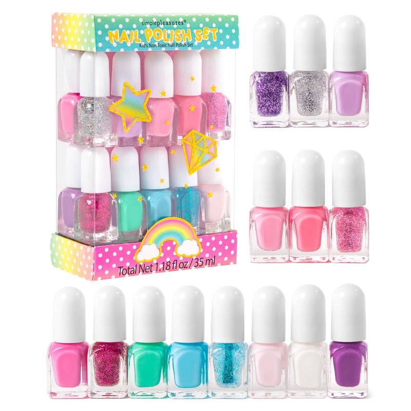 SIMPLE PLEASURES 14 Unicorn Glitter Kids Nail Polish Set for Girls  14 WaterBased Non Toxic Nail Art Kit  Gift Set for Girls Ages 712