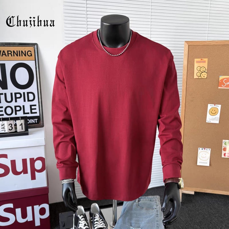 Xinjiang cotton 320g heavyweight pure cotton round-neck long-sleeved T-shirt loose casual plus-size base T-shirt for men and women trendy - Image 3