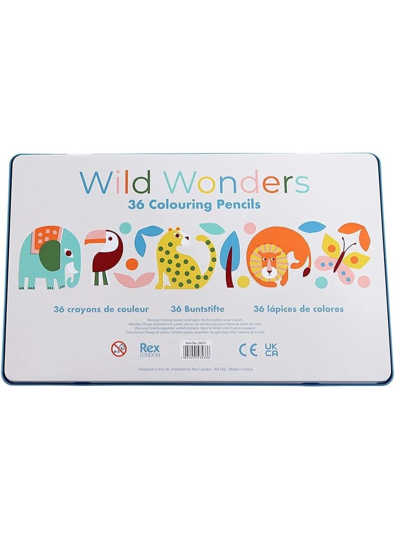 Rex London Wild Wonders 36 Colouring Pencils In A Tin – Vibrant Multicolour Pencils Set for Kids – Premium Colouring and Drawing Kit with Jungle Animals Tin Storage Box – Ideal Gift for Art & Creativity - Image 2