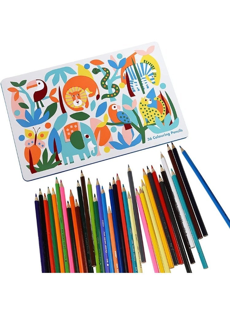 Rex London Wild Wonders 36 Colouring Pencils In A Tin – Vibrant Multicolour Pencils Set for Kids – Premium Colouring and Drawing Kit with Jungle Animals Tin Storage Box – Ideal Gift for Art & Creativity - Image 1
