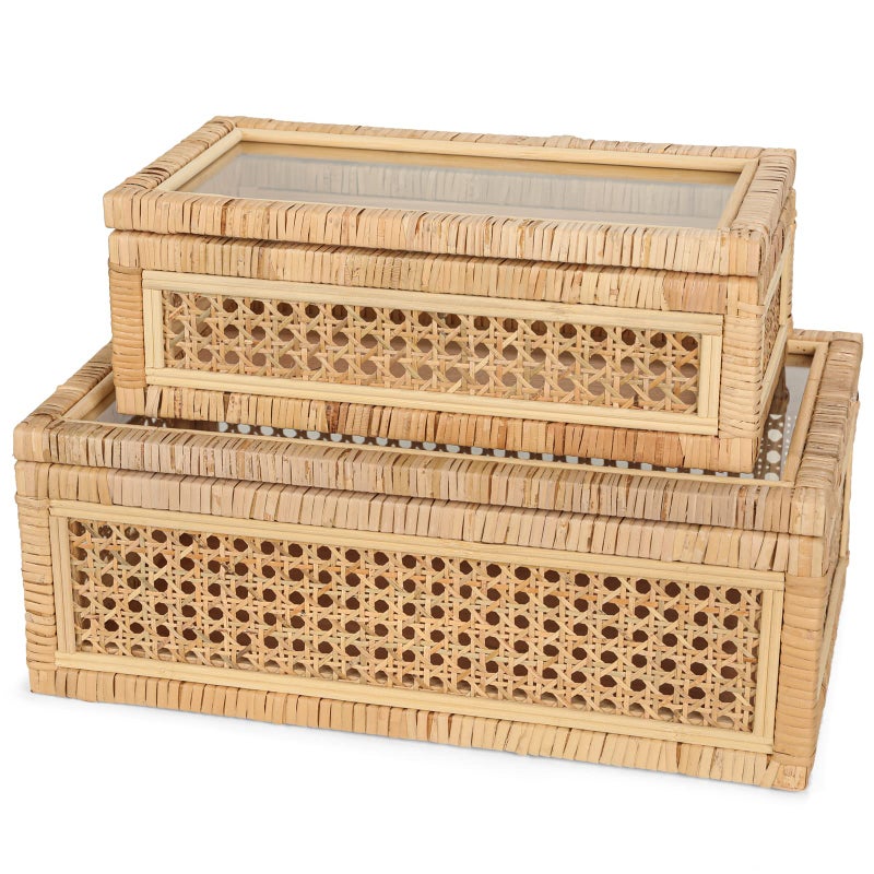 SUJUN Handwoven Boho Rattan Display Boxes With Glass Lids - Set Of 2 Rectangular Decorative Storage Bins - Natural Woven Cane Home Decor Organizers - Image 1