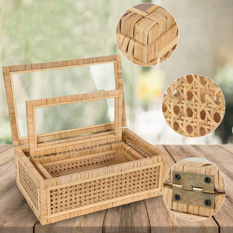 SUJUN Handwoven Boho Rattan Display Boxes With Glass Lids - Set Of 2 Rectangular Decorative Storage Bins - Natural Woven Cane Home Decor Organizers - Image 4