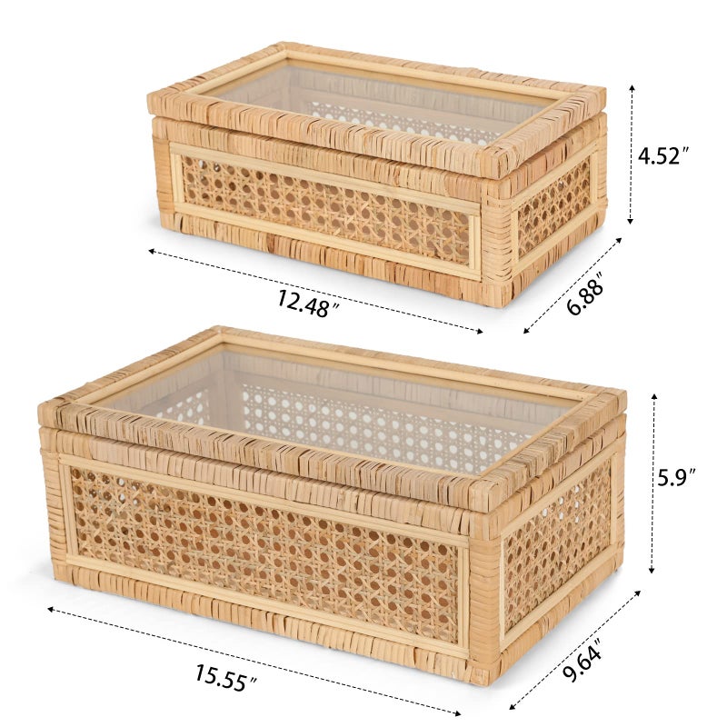 SUJUN Handwoven Boho Rattan Display Boxes With Glass Lids - Set Of 2 Rectangular Decorative Storage Bins - Natural Woven Cane Home Decor Organizers - Image 3