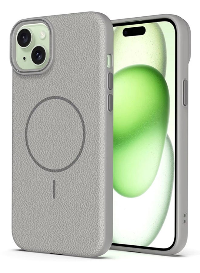 Magsafe Phone Case For iPhone 14 With High Quality Rubber Frame And Slim Lychee Pattern Leather Case with Camera Lens Protection Shockproof Cover And support wireless Charging Leather Cover for iPhone 14 - Grey  - Image 1