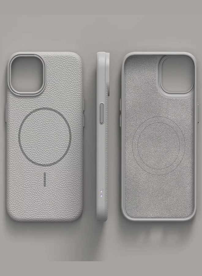 Magsafe Phone Case For iPhone 14 With High Quality Rubber Frame And Slim Lychee Pattern Leather Case with Camera Lens Protection Shockproof Cover And support wireless Charging Leather Cover for iPhone 14 - Grey  - Image 2