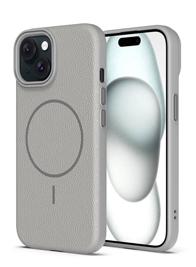 Magsafe Phone Case For iPhone 14 With High Quality Rubber Frame And Slim Lychee Pattern Leather Case with Camera Lens Protection Shockproof Cover And support wireless Charging Leather Cover for iPhone 14 - Grey  - Image 3