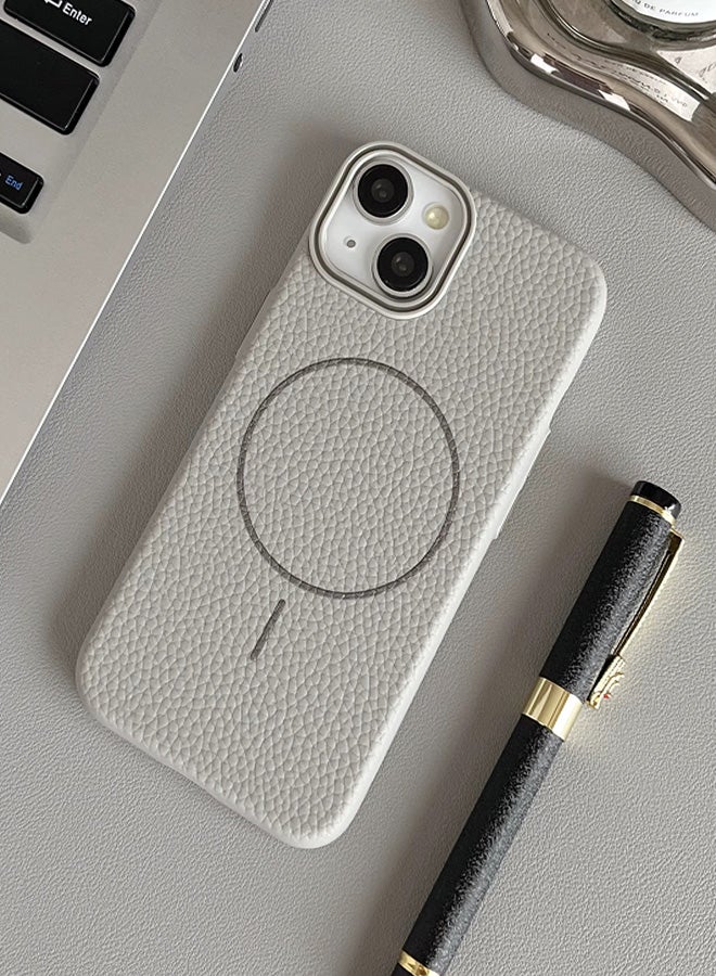 Magsafe Phone Case For iPhone 14 With High Quality Rubber Frame And Slim Lychee Pattern Leather Case with Camera Lens Protection Shockproof Cover And support wireless Charging Leather Cover for iPhone 14 - Grey  - Image 4