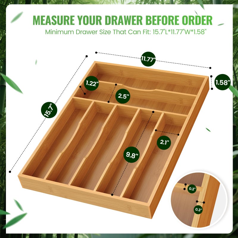 Bayting Bamboo Silverware Organizer, Bamboo Kitchen Drawer Cutlery Organizer, Utensil Holder, Flatware Organizer Tray (15.8"x11.7"x1.6") - Image 3