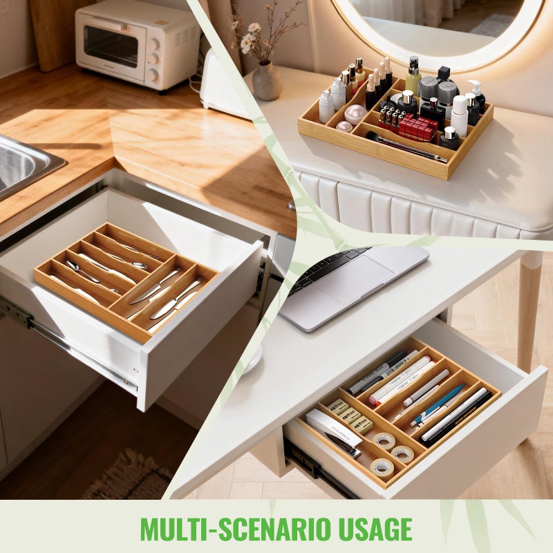 Bayting Bamboo Silverware Organizer, Bamboo Kitchen Drawer Cutlery Organizer, Utensil Holder, Flatware Organizer Tray (15.8"x11.7"x1.6") - Image 5