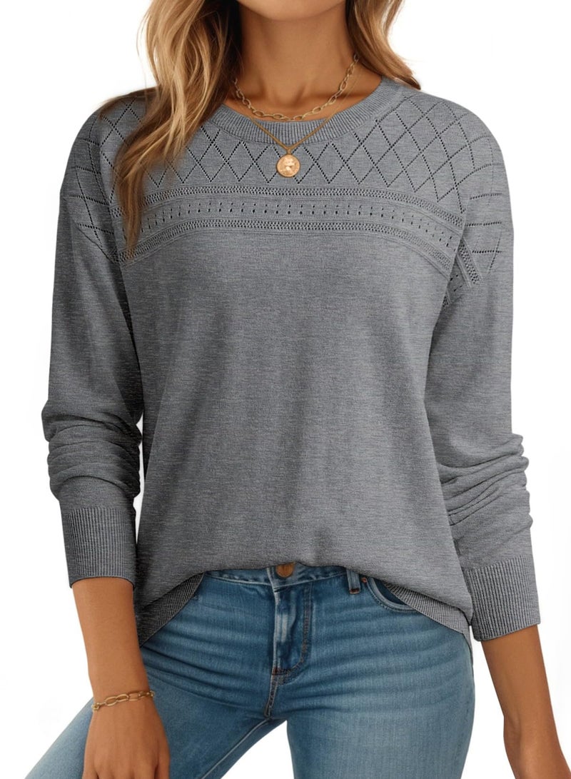 Dokotoo Sweaters for Women Trendy Crewneck Long Sleeve Wool Sweaters Hollow Out Business Casual Pullover Sweaters 2025 Fall Lightweight Crochet Winter Women's Clothing Tops Medium Grey - Image 1