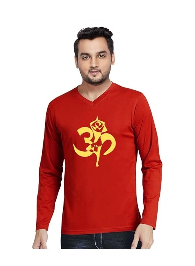 OPLU Store Men's Regular Fit Om Symbol with Yoga Pose Cotton Printed V Neck Full Sleeves Yoga Tshirt. Yoga, Exercise, Gym, Fitness, Om Symbol, Trending Tshirts, Pootlu. Red,Small - Image 1