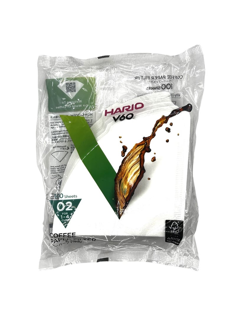 هاريو فلتر قهوة ورقي Hario V60 حجم 02 – 100 قطعة باللون الأبيض لتحضير القهوة المختصة - Image 1