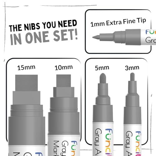 Funcils 5 Grey Acrylic Paint Pen - Fine Tip, Thin Point & Jumbo Pens (1mm, 3mm, 6mm, 10mm, 15mm) - Gray Paint Marker for Fabric, Canvas, Wood, Rock Painting, Tire, Metal, Glass - Water-based ink - Image 2