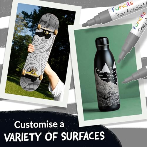 Funcils 5 Grey Acrylic Paint Pen - Fine Tip, Thin Point & Jumbo Pens (1mm, 3mm, 6mm, 10mm, 15mm) - Gray Paint Marker for Fabric, Canvas, Wood, Rock Painting, Tire, Metal, Glass - Water-based ink - Image 5