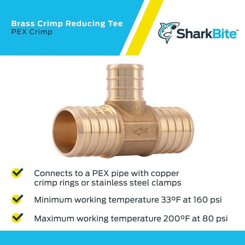 SharkBite Trendy budget practical design 1 Inch x 1 Inch x 3/4 Inch Crimp Reducing Tee, Pack of 10, Brass Plumbing Fitting, PEX Pipe, PE-RT, UC416LF Global flexible sizing options - Image 4