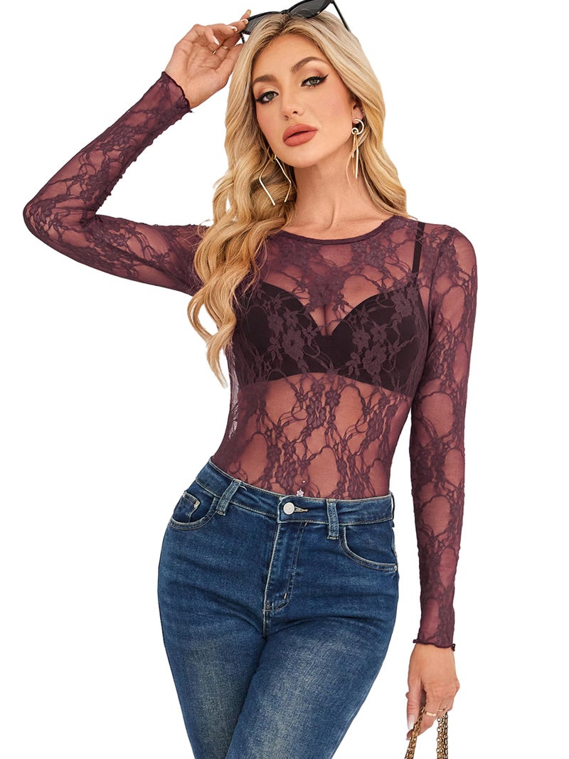 OFEEFAN Womens Sheer Tops Elegant Lace Undershirts for Ladies Crewneck Mesh Clubwear Burgundy L - Image 4