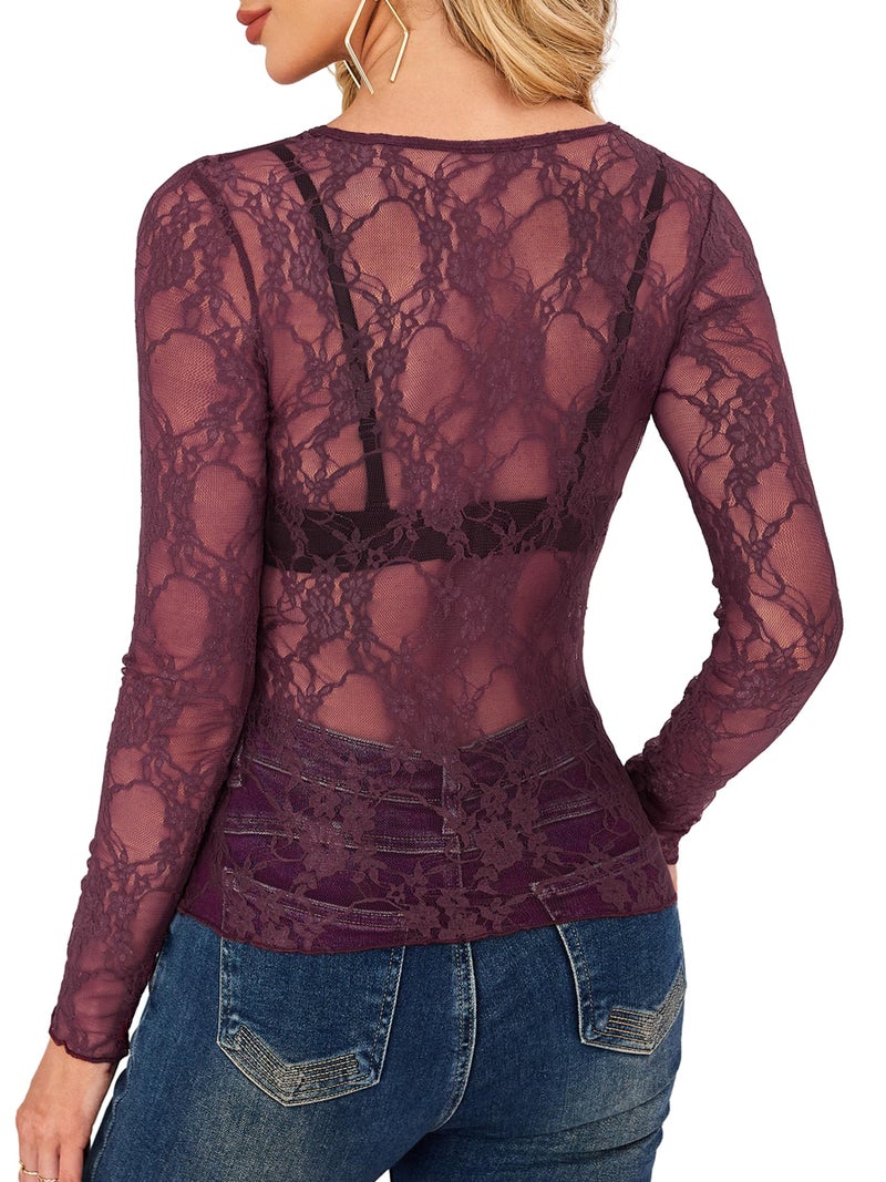 OFEEFAN Womens Sheer Tops Elegant Lace Undershirts for Ladies Crewneck Mesh Clubwear Burgundy L - Image 2
