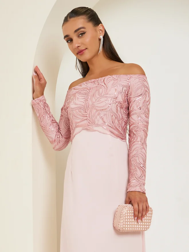 Styli Women Off Shoulder Embellished Maxi Party Dress