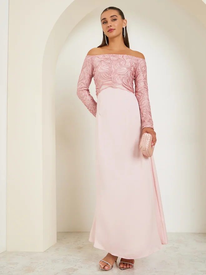 Styli  Styli Women Off Shoulder Embellished Maxi Party Dress for Women | Best Price UAE