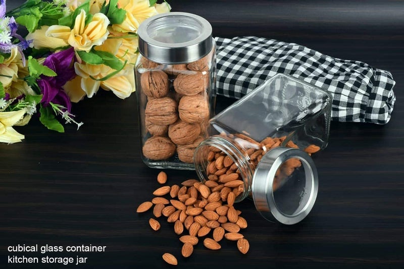 Vency Piramal Glass Cubical Square 1 Ltr Transparent Glass Jars & Containers for Kitchen Pantry- Storage with Lid (1 Ltr, Set Of 2) - Image 3