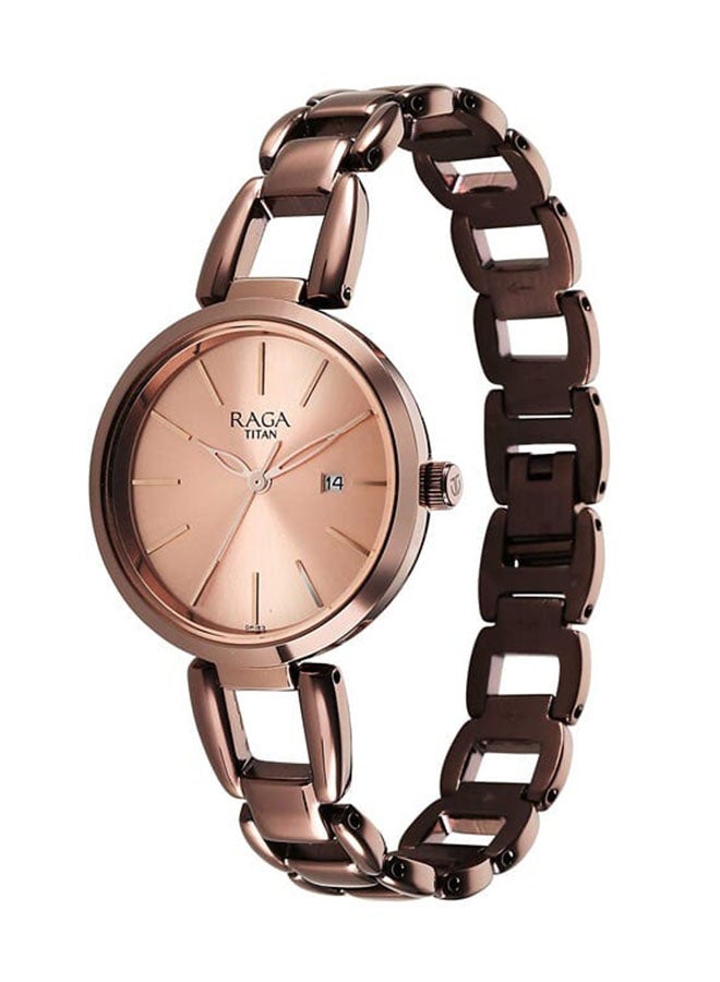 TITAN Raga Viva Quartz Analog With Date Rose Gold Dial Brown Metal Strap Watch For Women 2642Qm01  - Image 3