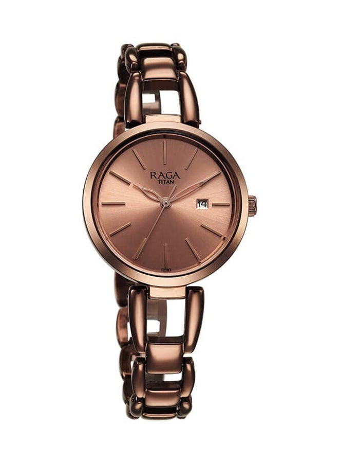 TITAN Raga Viva Quartz Analog With Date Rose Gold Dial Brown Metal Strap Watch For Women 2642Qm01  - Image 2