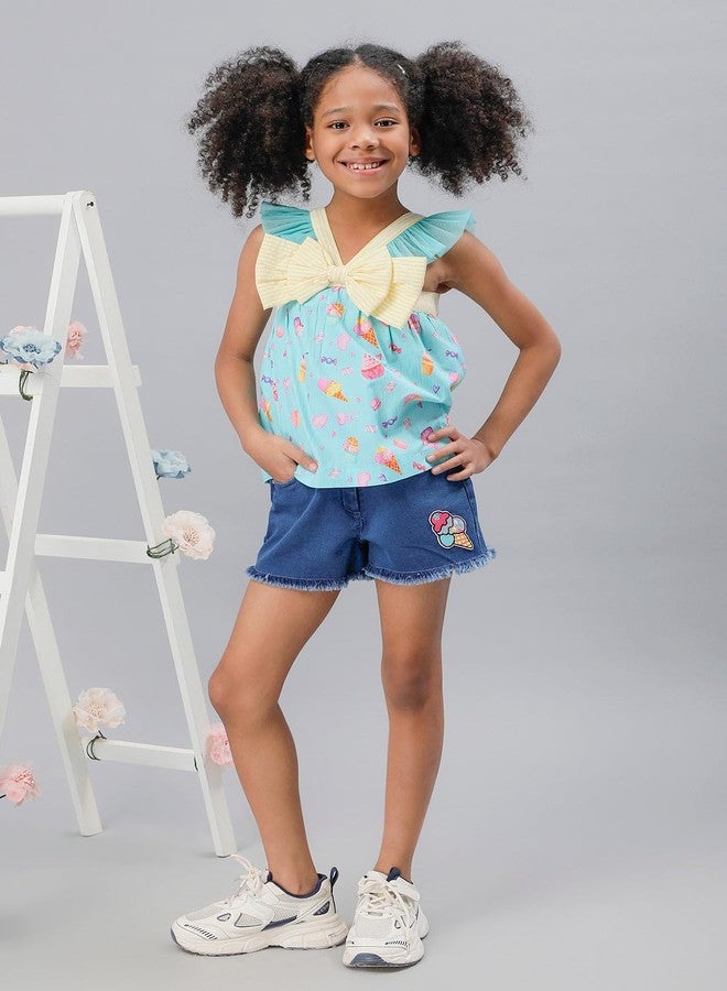One Friday Kids Girls Aqua Cotton V-Neck Top - Image 5