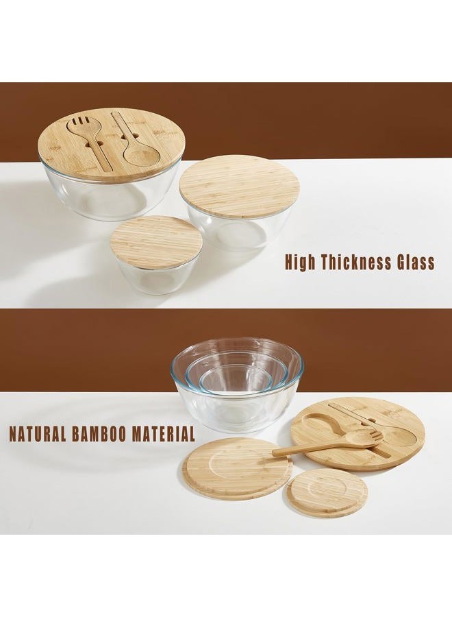 ECWAY Glass Salad Bowls Set of 3 with Bamboo Lids & Utensils, Large Glass Mixing Bowls, Thick Glass Serving Bowls, 3pc Nesting Glass Containers with Lids, Microwave Safe Glass Baking Bowls for Kitchen - Image 5