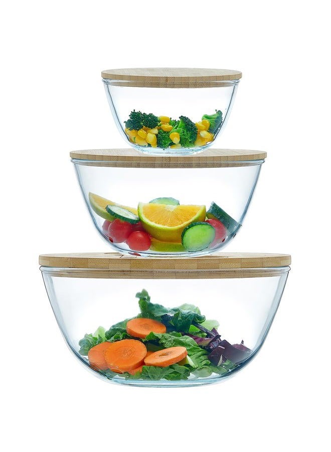ECWAY Glass Salad Bowls Set of 3 with Bamboo Lids & Utensils, Large Glass Mixing Bowls, Thick Glass Serving Bowls, 3pc Nesting Glass Containers with Lids, Microwave Safe Glass Baking Bowls for Kitchen - Image 1