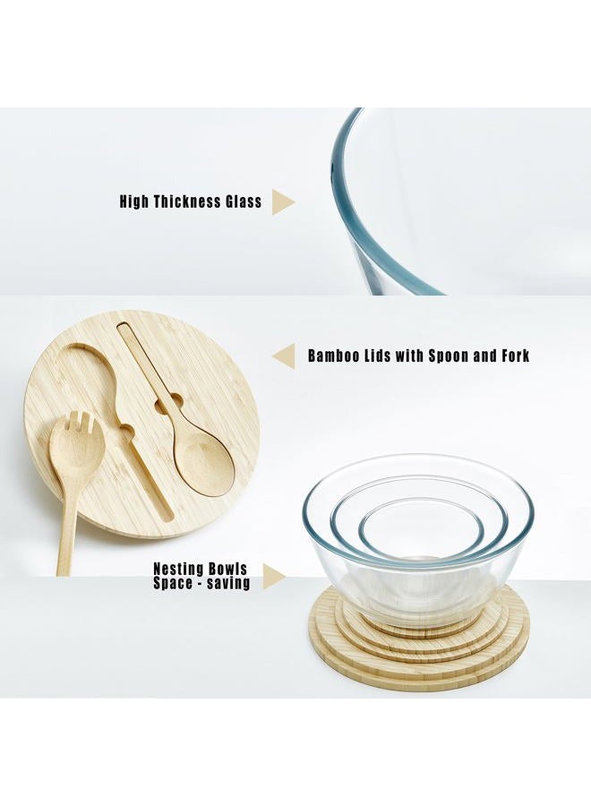 ECWAY Glass Salad Bowls Set of 3 with Bamboo Lids & Utensils, Large Glass Mixing Bowls, Thick Glass Serving Bowls, 3pc Nesting Glass Containers with Lids, Microwave Safe Glass Baking Bowls for Kitchen - Image 4
