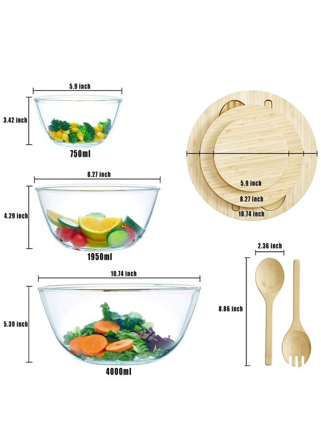 ECWAY Glass Salad Bowls Set of 3 with Bamboo Lids & Utensils, Large Glass Mixing Bowls, Thick Glass Serving Bowls, 3pc Nesting Glass Containers with Lids, Microwave Safe Glass Baking Bowls for Kitchen - Image 3