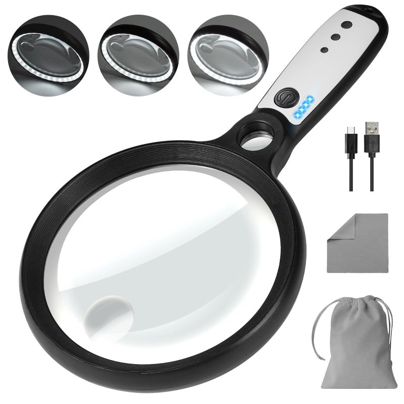 Large Magnifying Glass with 37 LED Light 10X 20X 45X Handheld Illuminated Lighted Magnifier with 3 Light Modes Rechargeable Magnifying Glass for Seniors Reading Inspection Black White