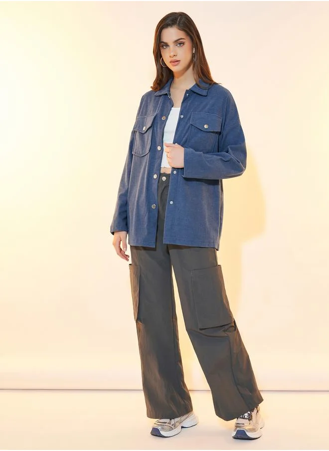 Styli Oversized Corduroy Jacket with Flap Pockets