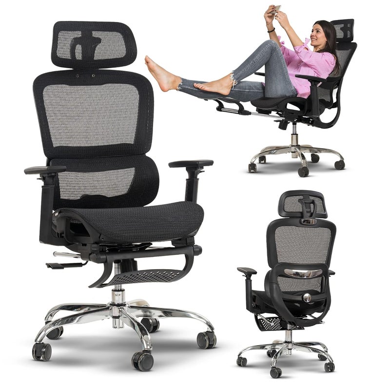 DROGO DROGO Ergonomic Office Chair for Work from Home Computer Chair with Breathable Mesh Adjustable Seat Footrest 3D Armrest 2D Headrest Lumbar Support Mesh Chair for OfficeHome Black  - Image 1