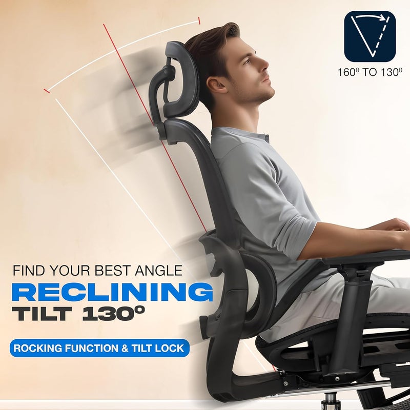 DROGO DROGO Ergonomic Office Chair for Work from Home Computer Chair with Breathable Mesh Adjustable Seat Footrest 3D Armrest 2D Headrest Lumbar Support Mesh Chair for OfficeHome Black  - Image 5