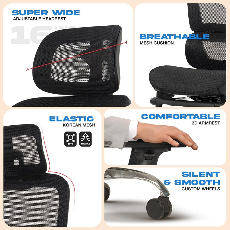DROGO DROGO Ergonomic Office Chair for Work from Home Computer Chair with Breathable Mesh Adjustable Seat Footrest 3D Armrest 2D Headrest Lumbar Support Mesh Chair for OfficeHome Black  - Image 4