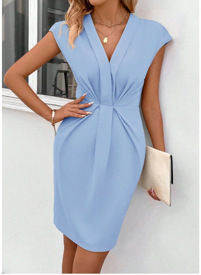SHEIN Women's Solid Color V-Neck Gathered Elegant Summer Dress - Image 5