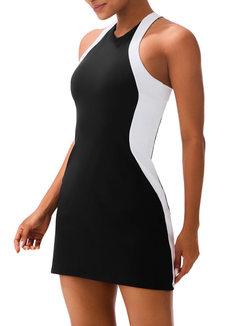 JOYSPELS Athletic Tennis Golf Dress for Women with Built-in Bra & Separate Shorts Pockets Colorblock Spring Summer Dresses Workout Active Sports Black-White - Image 1
