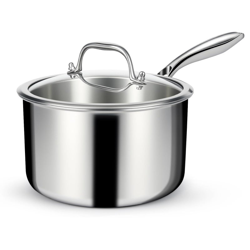 EWFEN 3 Ply Stainless Steel Saucepan with Lid, 3 Quart Multipurpose Cooking Pot, Stay-Cool Handle, Induction Oven Dishwasher Safe, 3 QT - Image 1