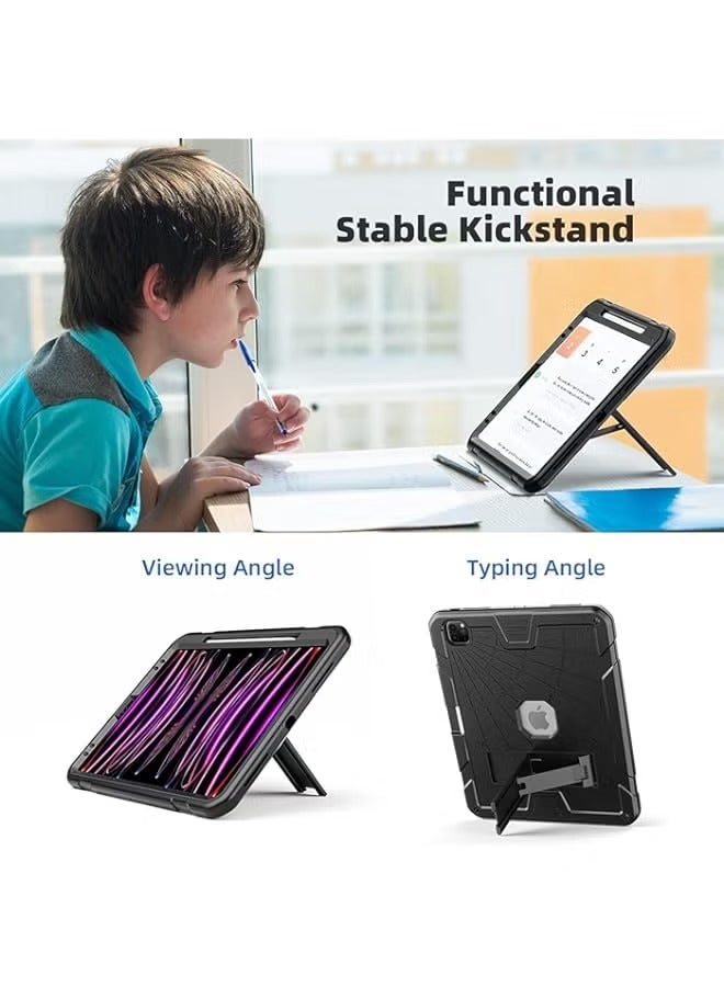 بروماس حافظة iPad Pro 12.9 2022/2021/2020/2018 (الجيل السادس/الخامس/الرابع/الثالث) للأطفال الأولاد والبنات | حافظة لجهاز iPad مقاس 12.9 بوصة شديدة التحمل ومضادة للصدمات مع حامل وحامل أقلام باللون الأسود - Image 3