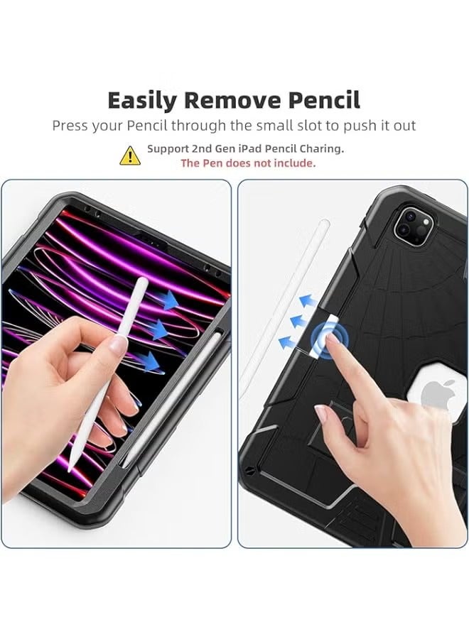 بروماس حافظة iPad Pro 12.9 2022/2021/2020/2018 (الجيل السادس/الخامس/الرابع/الثالث) للأطفال الأولاد والبنات | حافظة لجهاز iPad مقاس 12.9 بوصة شديدة التحمل ومضادة للصدمات مع حامل وحامل أقلام باللون الأسود - Image 4